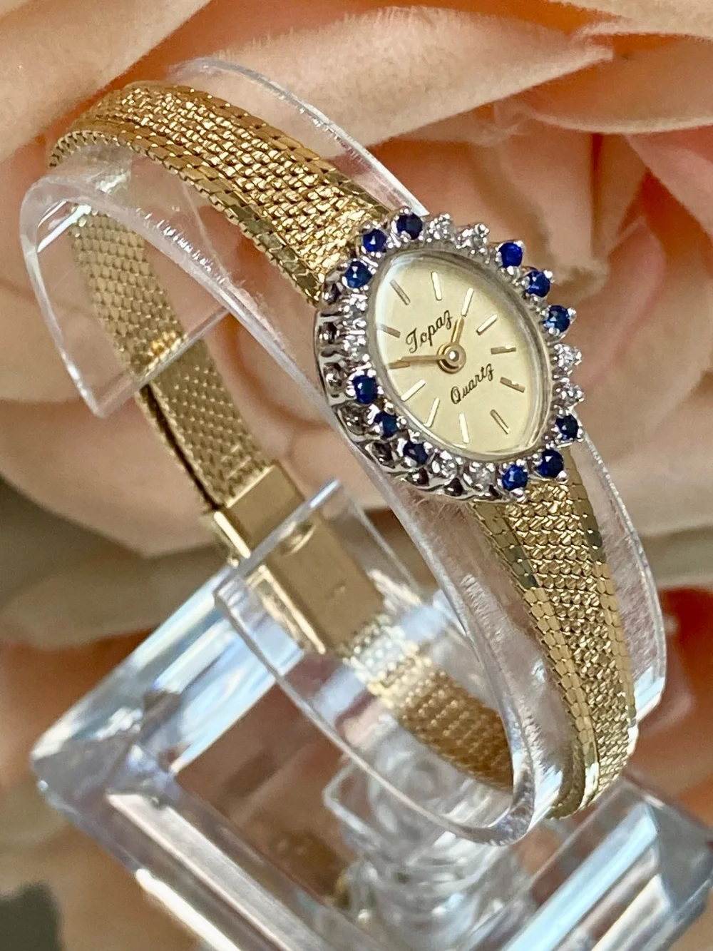Vintage Topaz Diamond and Sapphire Accented Bezel Dainty Cocktail Watch